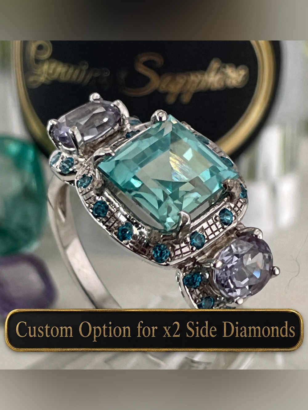 4ct Teal Sapphire Custom Option for side stones. C-changing sapphires 14k / 925
